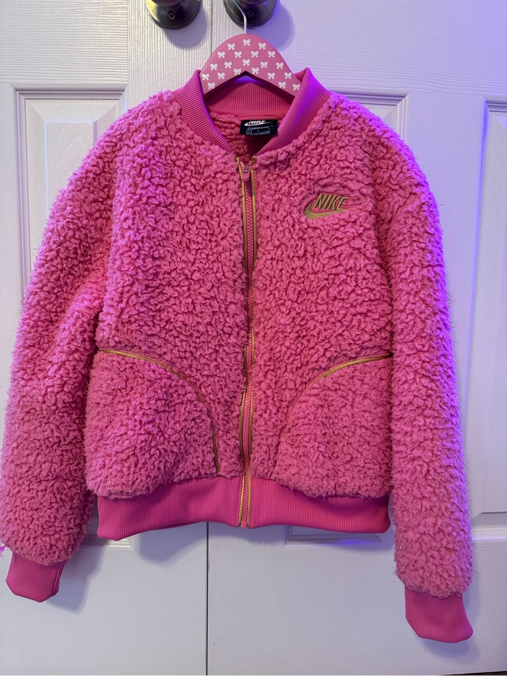 Nike Kids Pink Sherpa Puffer Jacket with Gold Accents